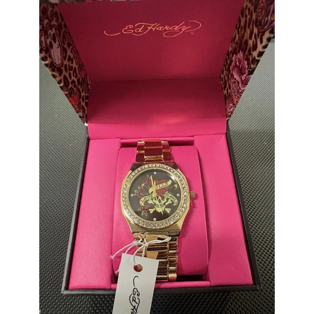 Ed Hardy Love Kills Slowly Gold Tone Skull Dial Quartz Watch w/Box